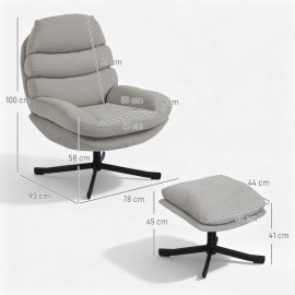 Delea fauteuil relax lounge pivotant avec ottomane en chenille crème
