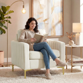 Fauteuil Zeliora velours rembourré accoudoirs crème