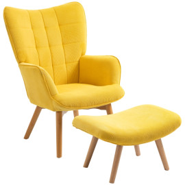 Fauteuil Zelven velours côtelé avec repose pieds bois jaune