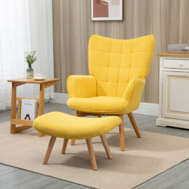 Fauteuil Zelven velours côtelé avec repose pieds bois jaune