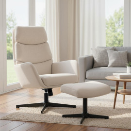 Fauteuil Eles lounge rembourré avec pouf dossier haut métal beige