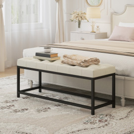 Banc de bout de lit Kalal velours capitonné métal crème