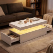 Table basse Lores LED rangement 2 tiroirs blanc laqué