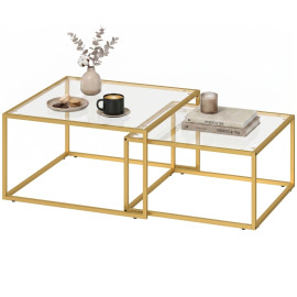 Table basse Vilea gigogne moderne verre trempé métal doré