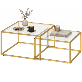 Table basse Vilea gigogne moderne verre trempé métal doré