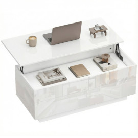 Table basse Selac relevable rangement caché 2 tiroirs blanc laqué