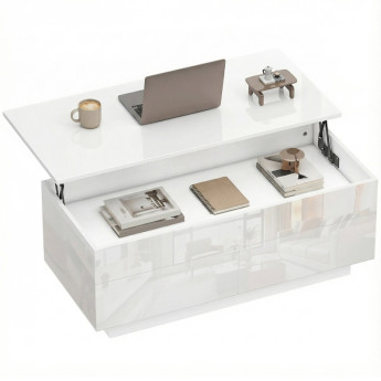 Table basse Selac relevable rangement caché 2 tiroirs blanc laqué