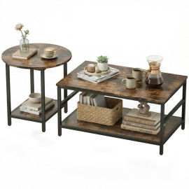 Noroven set tables basses salon rangement style industriel brun rustique