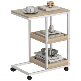Arer Table d'appoint en C roulettes étagères ouvertes acier naturel blanc