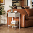 Table d'appoint Salolria étroite avec tiroir et étagère bois blanc