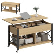 Table Basse Floron Relevable sur Roulettes Rangement Caché Bois Naturel et Blanc