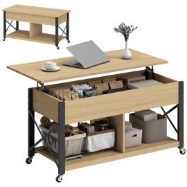Table Basse Floron Relevable sur Roulettes Rangement Caché Bois Naturel et Blanc