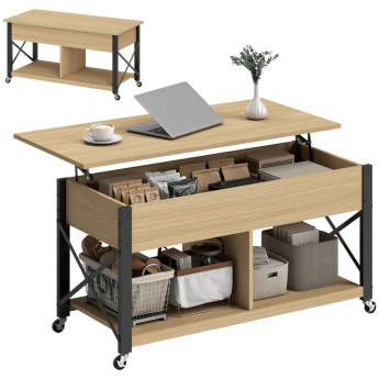 Table Basse Floron Relevable sur Roulettes Rangement Caché Bois Naturel et Blanc