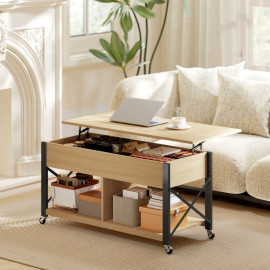 Table Basse Floron Relevable sur Roulettes Rangement Caché Bois Naturel et Blanc