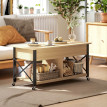 Table Basse Floron Relevable sur Roulettes Rangement Caché Bois Naturel et Blanc
