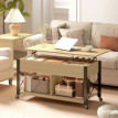 Table Basse Floron Relevable sur Roulettes Rangement Caché Bois Naturel et Blanc