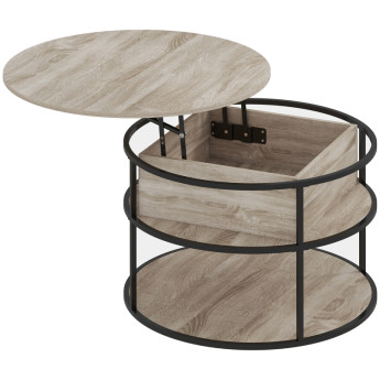 Dorisio Table basse relevable ronde avec rangement Chêne