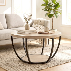 Table basse Larvik ronde 2 étagères métal chêne noir