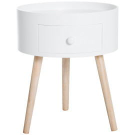 Table basse Rosven ronde scandinave avec tiroir bois blanc