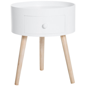 Table basse Rosven ronde scandinave avec tiroir bois blanc