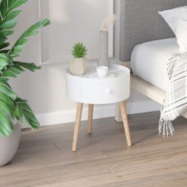 Table basse Rosven ronde scandinave avec tiroir bois blanc