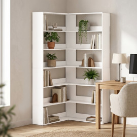 Bibliothèque d’angle Saler 7 niveaux en L blanc aspect bois