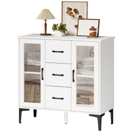 Buffet Palinane meuble de rangement vitré à tiroirs blanc
