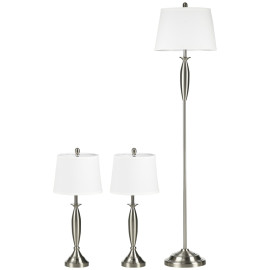 Corria Ensemble lampadaire et lampes de table lin Argent Blanc