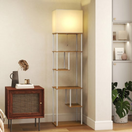 Lampadaire Arven étagères télécommande dimmable bois naturel blanc