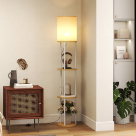 Lampe sur pied Ilane étagères LED télécommande bois naturel