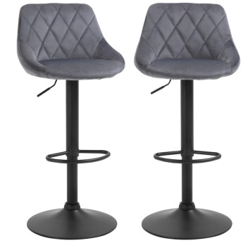 Tabourets de bar Vilane réglables pivotants velours dossier repose pieds gris noir