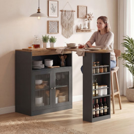 Table de Bar Lumonos Extensible Pivotante Rangement Noir et Bois Naturel