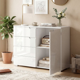 Buffet Noray laqué moderne 4 tiroirs meuble TV rangement blanc
