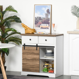 Buffet de Cuisine Amval Rangement Rustique Bois et Métal Blanc Naturel