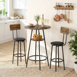 Table de bar Aubaer industrielle avec 2 tabourets brun rustique