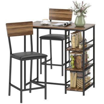 Table de bar Lumenum avec étagères et tabourets noir et noyer