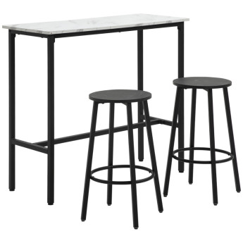 Aurova ensemble bar 2 personnes table et tabourets marbre blanc noir