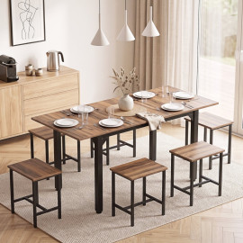 Ensemble repas Emio table extensible 7 pièces industriel noyer noir