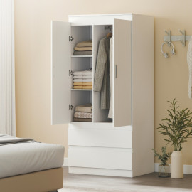 Armoire de chambre Lumrion rangement penderie 2 portes 2 tiroirs blanc