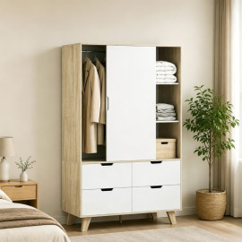 Armoire Elay portes coulissantes penderie tiroirs chêne blanc