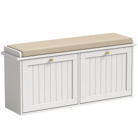 Banc à chaussures Galia meuble d'entrée avec assise rembourrée blanc beige