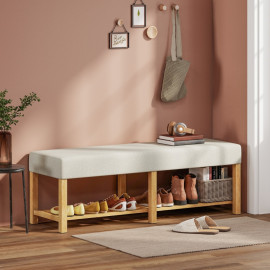 Banc à chaussures Camis banc d’entrée assise rembourrée bois naturel blanc crème