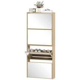 Montveova Meuble à chaussures miroir 4 portes gain de place Bois naturel