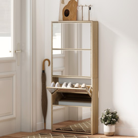 Montveova Meuble à chaussures miroir 4 portes gain de place Bois naturel