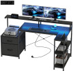 Taluel bureau gaming en L LED prises support double écran aspect bois noir