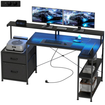Taluel bureau gaming en L LED prises support double écran aspect bois noir