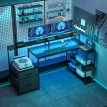 Taluel bureau gaming en L LED prises support double écran aspect bois noir
