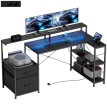 Taluel bureau gaming en L LED prises support double écran aspect bois noir