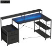 Taluel bureau gaming en L LED prises support double écran aspect bois noir