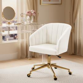Chaise de bureau Aubes velours réglable à roulettes blanc crème